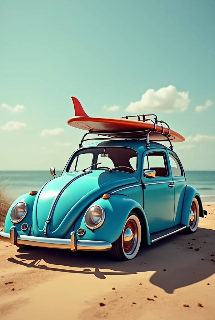 There is a blue car with a surfboard on top of it., Beetle-inspired, Beetle, nostalgic 8k, cool looking, old cars, Classic cars, post-processed, Beetles, by Matthias Weischer, disaggregated, by Etienne Delessert, Combined, ratfink, restomod, por Lee Loughridge, cor vintage, Profile picture, inspiring