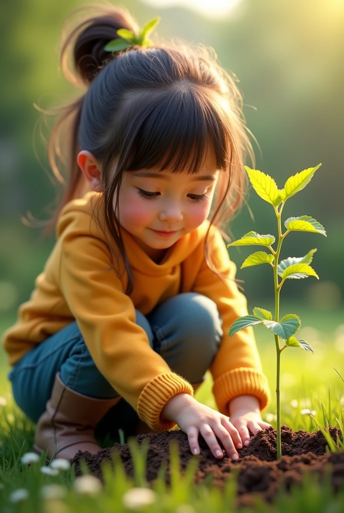 A girl planting a tree