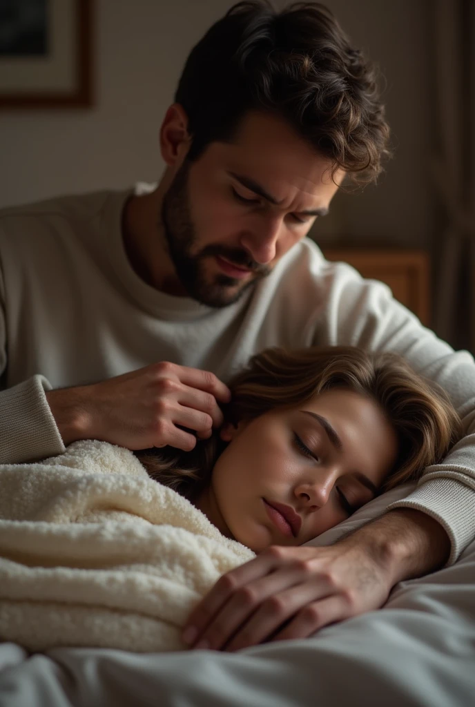 Husband caring her wife during her mensuration cycle she is sleeping on husband lap and he is caring her his hand on her hairs 