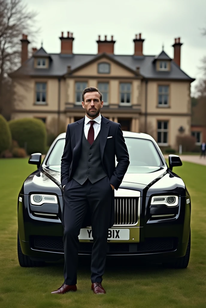 A man with coat suit and standing aside on new rolls royce ghost and the background in a big house , picture took from 50 mitre away

