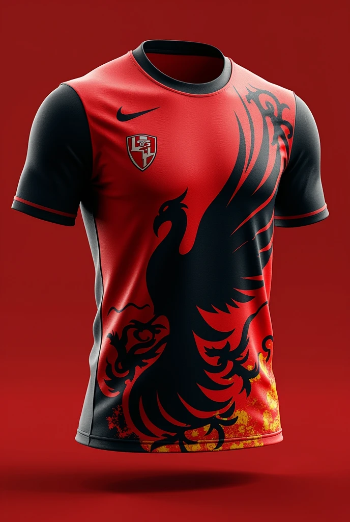 Shirt Front:

Cor Base: Red Design: A large stylized phoenix in black in the center. The phoenix can be drawn small at the bottom, going a little to the side., not so apparent, with orange and yellow accents to add a fire effect, 
logotype: Small team logo or team name in black, located on the right side of the chest.
Back of the Shirt:

Cor Base: Preta
Design: To maintain the continuity of the theme, a smaller version of the phoenix can be positioned at the top, between the shoulders. This version can be in red with orange and yellow details..
Number and Name: in red or white, depending on the contrast required for readability, with a modern and clear font.
Additional Detail:

sleeveless: A black stripe with a small red detail near the edge of the sleeves.
collared: blackw, with a small red or orange detail on the inside for a touch of contrast.
This design combines the energy and symbolism of the phoenix with a striking, contrasting color palette., creating an attractive and unique jersey for indoor games.