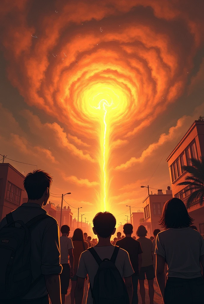 At night people watching the sky yellow with red and earthquake