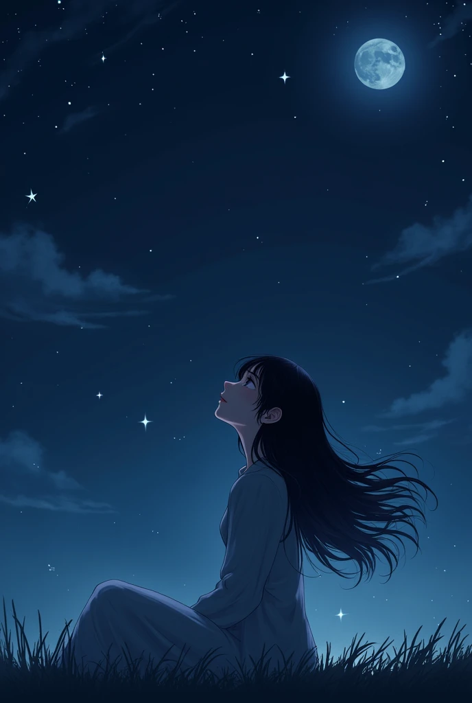 A girl, her jet black hair was loose, Both of his eyes are also jet black.. Looking at the moon and stars, who decorates the night sky with a sad gaze while smiling softly.