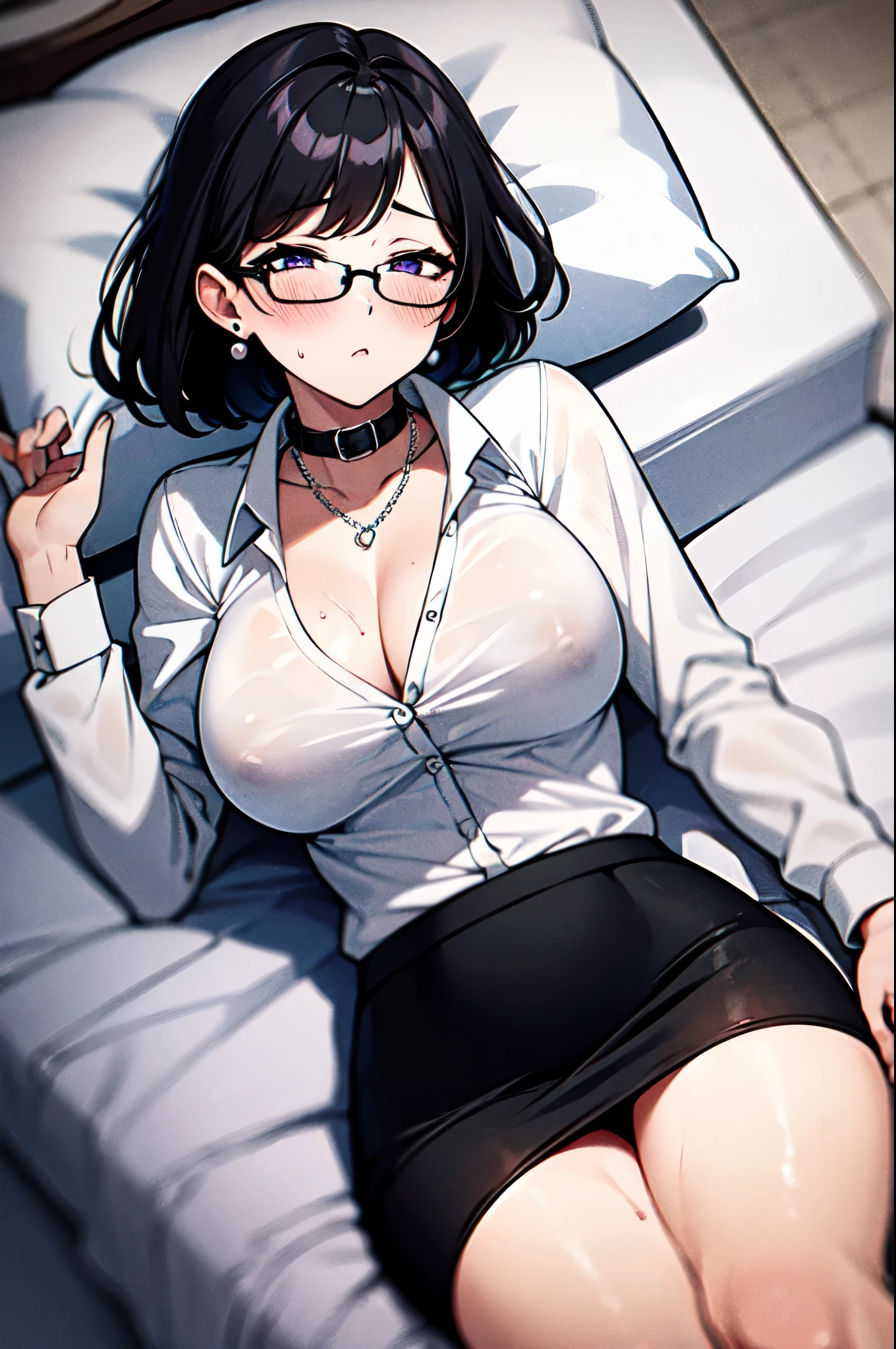 （（super high quality,Ultra-high resolution,4K,8k,super masterpiece,Ultra HD ,Detailed shading））,Dimly lit bedroom,Full body photo,sexy mother,Lying on a lilac bed,A white shirt with the collar turned up,Tight collar,Cleavage,Long sleeve,Black Pencil Skirt,Short black hair,Glasses,Embarrassing,blush,Sweaty,Pearl Earrings,Pearl Necklace,Engagement Rings,