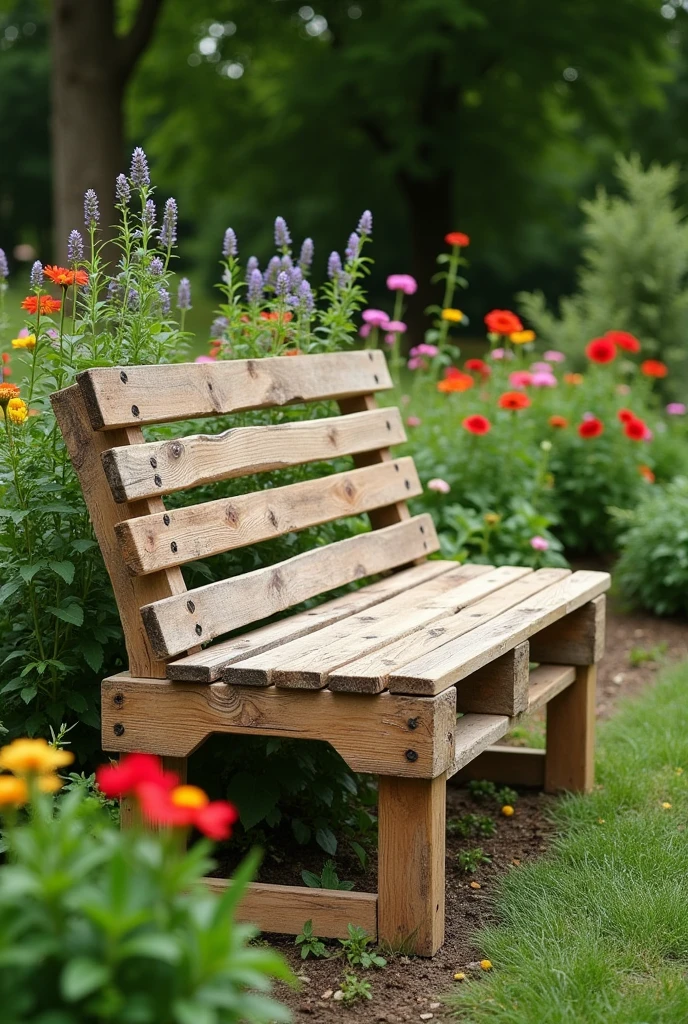 A simple garden bench made from wooden pallets, placed in a lush garden surrounded by blooming flowers and greenery. The bench has a natural wood finish and is perfect for enjoying a peaceful moment outdoors.