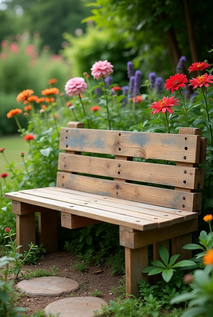 A simple garden bench made from wooden pallets, placed in a lush garden surrounded by blooming flowers and greenery. The bench has a natural wood finish and is perfect for enjoying a peaceful moment outdoors.