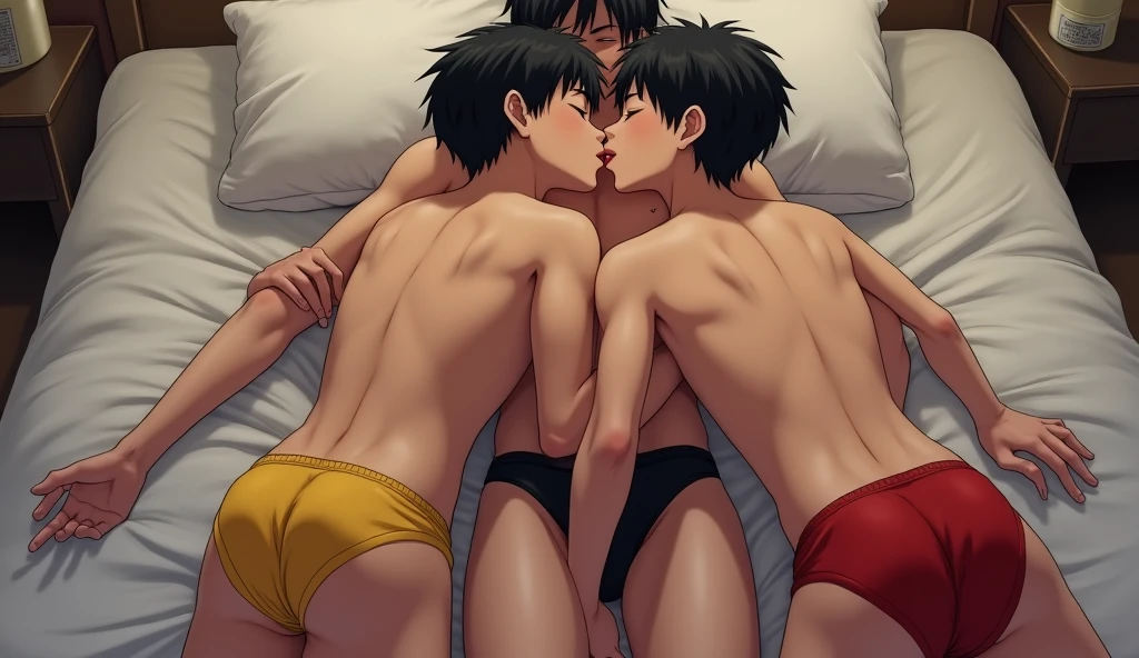 Two boys, twin brothers, they are sitting on the bed and kissing each other. They have black hair and are only wearing a short thong that shows a little of their ass. The boy on the left is wearing a red short thong and the one on the right is wearing a yellow short thong. Right in the middle of them, the older brother is watching them. He has black hair like them and is holding their butts. He is only wearing a short black latex thong. The image has to be in anime shota yaoi hot.