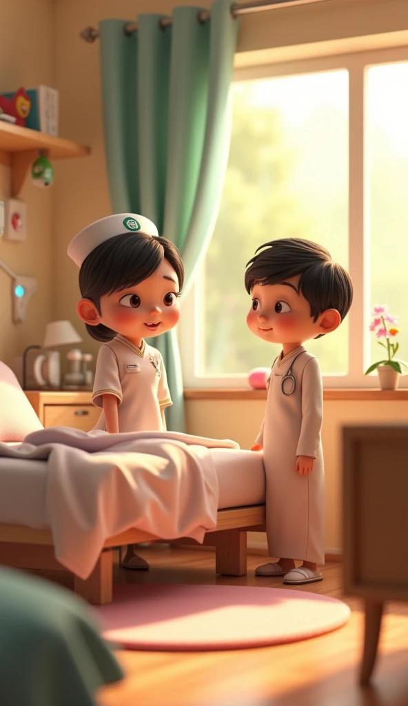 3d Animate style A cozy hospital room with soft lighting. A nurse, wearing a traditional uniform, is sitting beside a hospital bed. Pappu, a mischievous young man with a playful expression, is standing nearby. The atmosphere is light and casual.