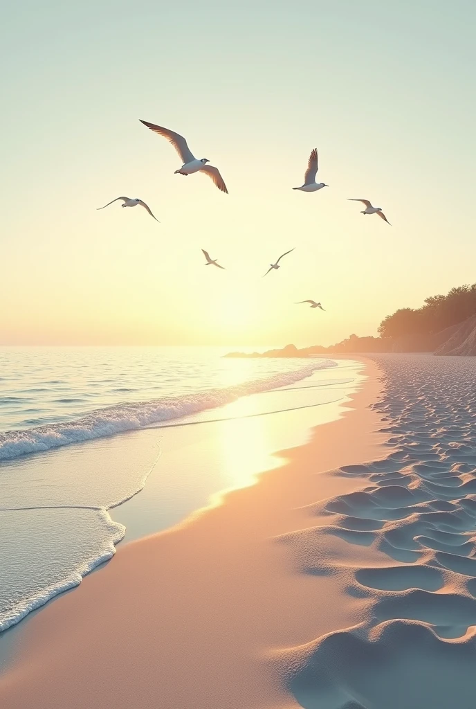 A high angle view of a pristine beach at dawn, with gentle waves and seagulls.