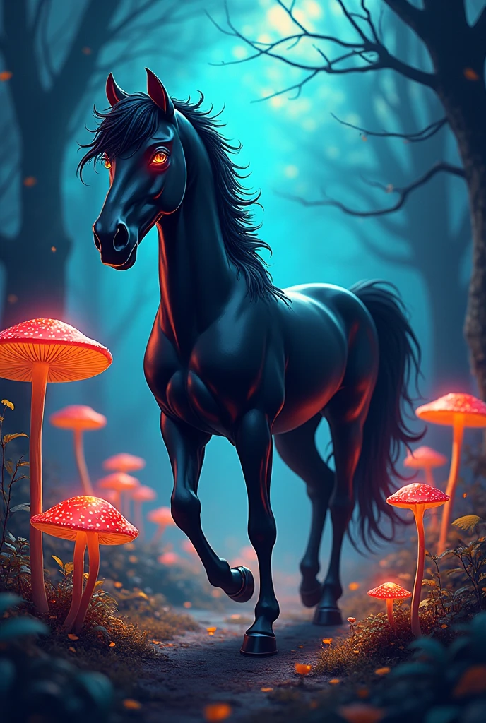Cute fantasy horse,black Background,spotlight,comic,Steampunk,
, bokeh,mushrooms,glowing outlines,Pop Art stil,urban, autumn