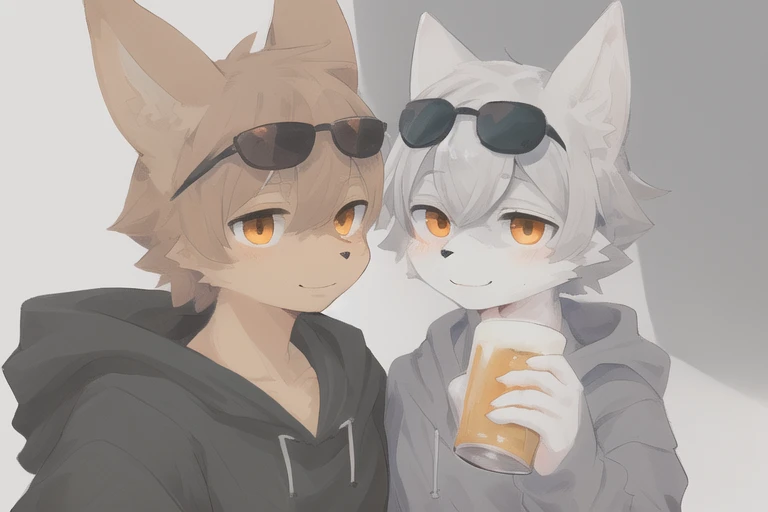masterpiece, best quality, furry, kemono, art by dagasi, gray fox boy, gray fur,, (orange eye:1), sunglasses, gray hair, smirk, face focus, portrait, muscular, hoodie, highly detailed eyes, beer baltic9