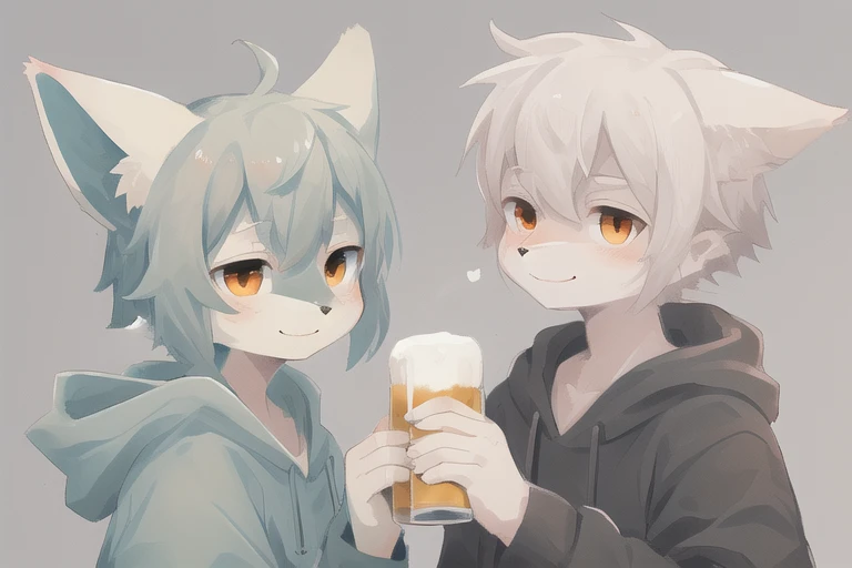 masterpiece, best quality, furry, kemono, art by dagasi, gray fox boy, gray fur,, (orange eye:1), sunglasses, gray hair, smirk, face focus, portrait, muscular, hoodie,  highly detailed eyes, beer baltic9  