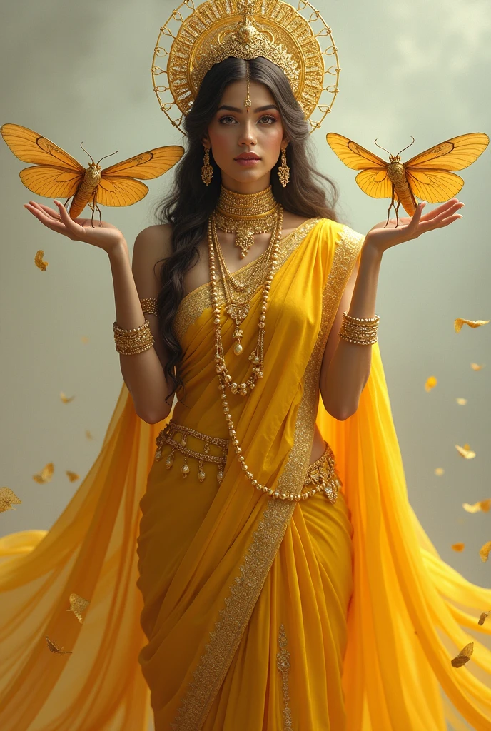 An Indian woman wearing a yellow saree with two Large golden moth gold in her hand, her hands half raised to her shoulders, wearing a crown and holding a golden saree. Gathered in a golden robe