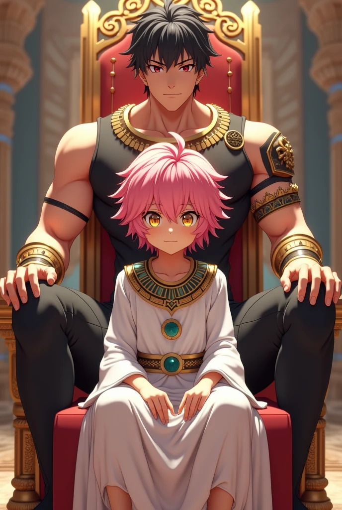 3D anime style image of a young boy with pink hair and yellow eyes sitting on a throne in white Egyptian emperor clothing and sitting behind him a 25 year old boy, muscular body, with black hair and red eyes dressed in tight black anime knight clothes