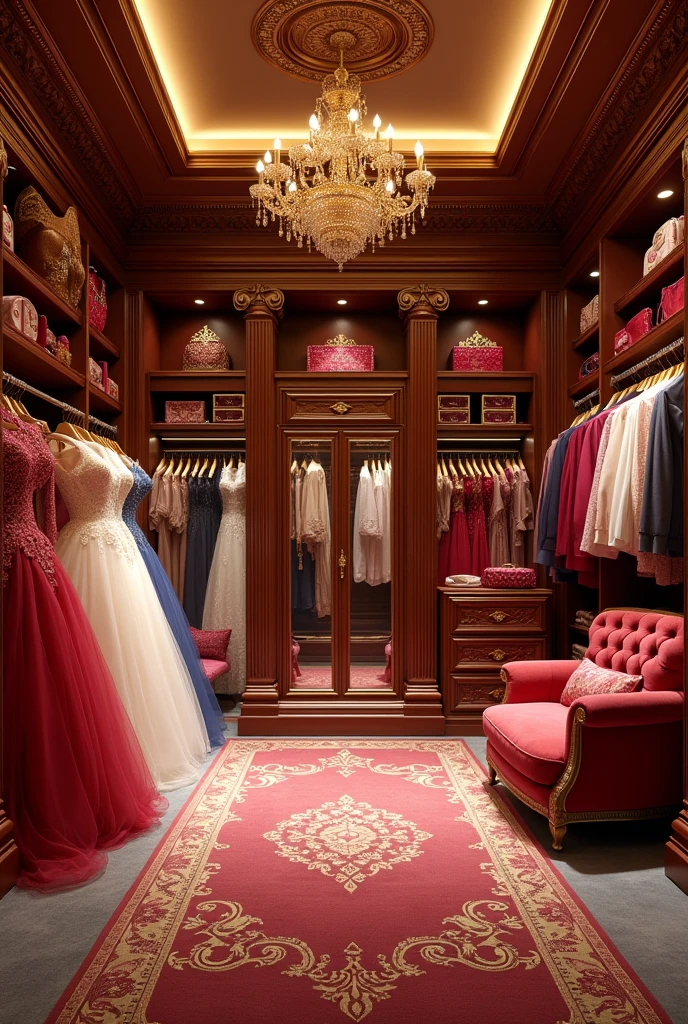 Walk in closet with royal aesthetic and luxury and ball gowns and bags, heels and crowns and more spacious.