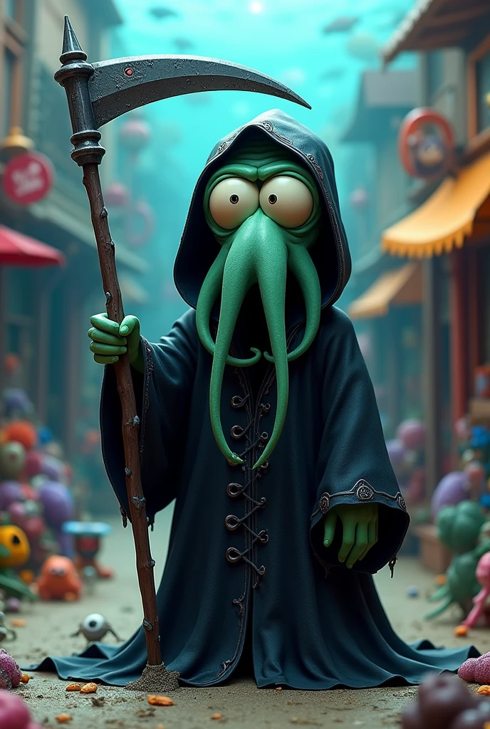 Squidward in Bikini Bottom wearing a death costume with a scythe in his hand