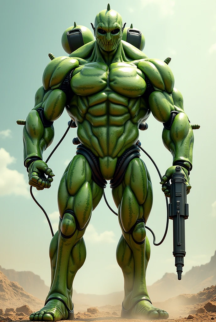 Muscular watermelon man with a gun that shoots seeds attached to a hose, half of his head is a robot, his right hand is a robot, and he has a jetpack