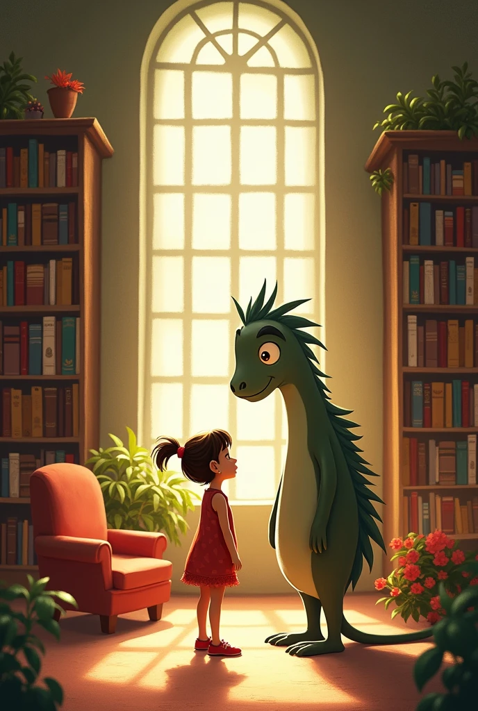 Create an image for story books 
Gathering her courage, Ellie stepped closer, and to her surprise, the monster turned and smiled warmly, introducing himself as Benny. Make their background was library 