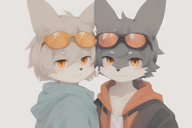 masterpiece, best quality, furry, kemono, art by dagasi, gray fox boy, gray fur,, (orange eye:1), sunglasses, gray hair, smirk, face focus, portrait, muscular, hoodie,  highly detailed eyes, beer baltic9  