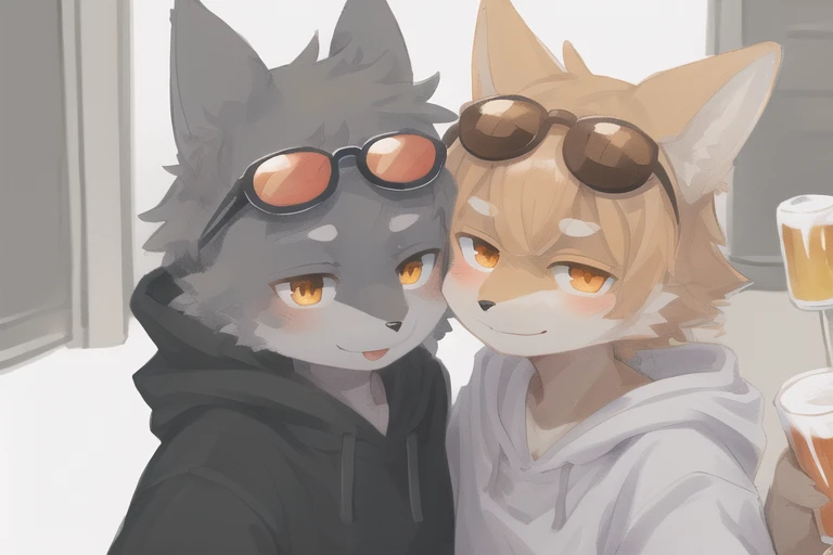masterpiece, best quality, furry, kemono, art by dagasi, gray fox boy, gray fur,, (orange eye:1), sunglasses, gray hair, smirk, face focus, portrait, muscular, hoodie, highly detailed eyes, beer baltic9