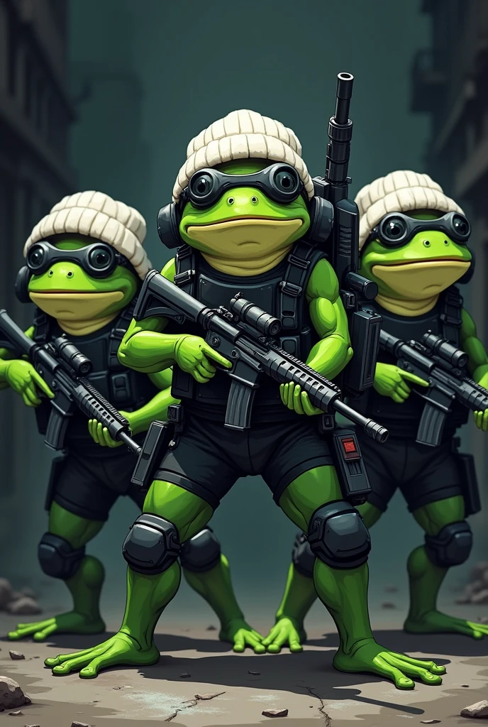 Give me an animated illustration of lots of green frogs dressed in black tactical gear, with weapons and a white northern hat
