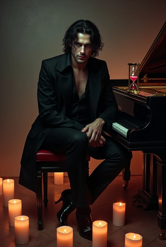 A very seductive and yet dangerous male character. He wears black. He is very scary with dangerous smile but extremely seductive. He has wavy black hair black eyes. He is really attractive yet scary. He is sitting on a piano. And there's an hourglass with a heart on the piano. There are a lot of candles on the ground.