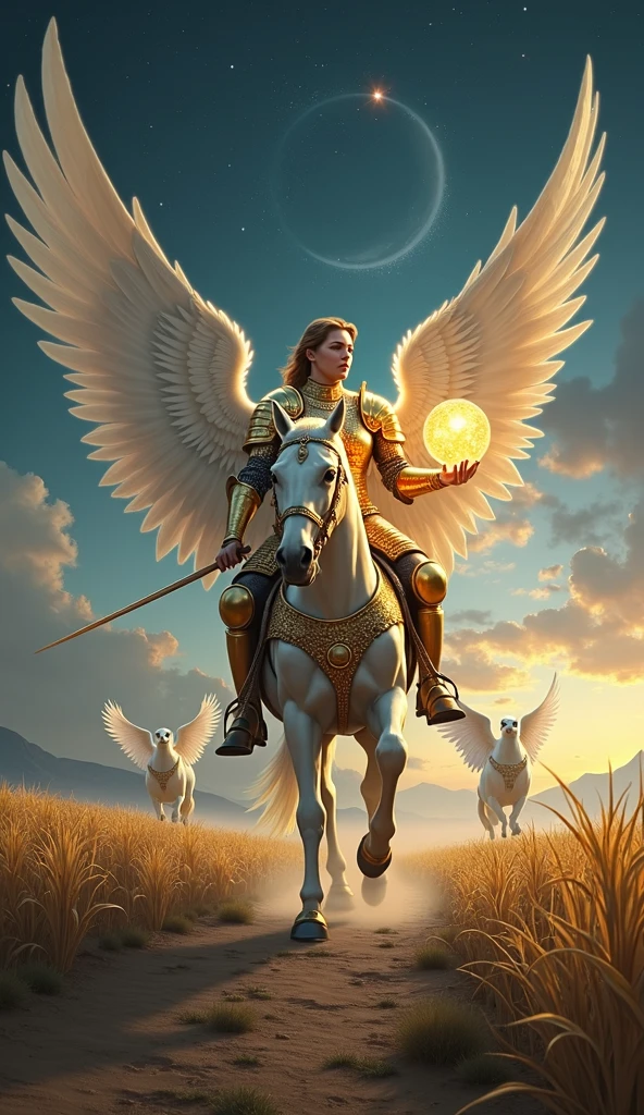 Create a majestic and dynamic image for the 'Knight of Spheres' card in the 'Lumen Angelis' tarot deck, inspired by the 'Knight of Pentacles' from the Rider-Waite tarot.

In the center of the scene, depict a powerful and determined angelic knight, representing diligence, responsibility, and the steadfast pursuit of goals. The knight is seated on a grand, armored horse with shimmering, metallic wings. The horse is posed in a strong, grounded stance, as if ready to take a cautious yet purposeful step forward, symbolizing the careful and methodical approach of the Knight of Spheres.

The angelic knight is dressed in ornate, golden armor, with intricate engravings of celestial symbols and patterns that glow softly, emphasizing their divine nature. The knight’s face is calm and focused, with eyes that reflect wisdom and determination. In one hand, they hold a large, radiant sphere, similar to the one held by the Page, but with a more pronounced glow, representing the knight's deep commitment to nurturing and safeguarding their goals.

The background of the image features a vast, fertile landscape, rich with fields of golden crops that stretch out to the horizon, symbolizing abundance and the fruits of labor. The earth beneath the horse's hooves is solid and firm, with trails that lead towards distant mountains, indicating the knight's journey towards long-term success.

Above, the sky is a deep, twilight blue, with stars beginning to appear, creating a serene and focused atmosphere. Soft beams of light from the setting sun illuminate the knight and their surroundings, casting long shadows that emphasize the time and effort required to achieve their goals.

Flanking the knight are two ethereal guardians, resembling griffins with wings of light and bodies of mist. These creatures represent the protective forces that guide and watch over the knight, ensuring that their path remains true and their efforts rewarded.