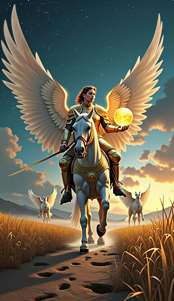Create a majestic and dynamic image for the 'Knight of Spheres' card in the 'Lumen Angelis' tarot deck, inspired by the 'Knight of Pentacles' from the Rider-Waite tarot.

In the center of the scene, depict a powerful and determined angelic knight, representing diligence, responsibility, and the steadfast pursuit of goals. The knight is seated on a grand, armored horse with shimmering, metallic wings. The horse is posed in a strong, grounded stance, as if ready to take a cautious yet purposeful step forward, symbolizing the careful and methodical approach of the Knight of Spheres.

The angelic knight is dressed in ornate, golden armor, with intricate engravings of celestial symbols and patterns that glow softly, emphasizing their divine nature. The knight’s face is calm and focused, with eyes that reflect wisdom and determination. In one hand, they hold a large, radiant sphere, similar to the one held by the Page, but with a more pronounced glow, representing the knight's deep commitment to nurturing and safeguarding their goals.

The background of the image features a vast, fertile landscape, rich with fields of golden crops that stretch out to the horizon, symbolizing abundance and the fruits of labor. The earth beneath the horse's hooves is solid and firm, with trails that lead towards distant mountains, indicating the knight's journey towards long-term success.

Above, the sky is a deep, twilight blue, with stars beginning to appear, creating a serene and focused atmosphere. Soft beams of light from the setting sun illuminate the knight and their surroundings, casting long shadows that emphasize the time and effort required to achieve their goals.

Flanking the knight are two ethereal guardians, resembling griffins with wings of light and bodies of mist. These creatures represent the protective forces that guide and watch over the knight, ensuring that their path remains true and their efforts rewarded.