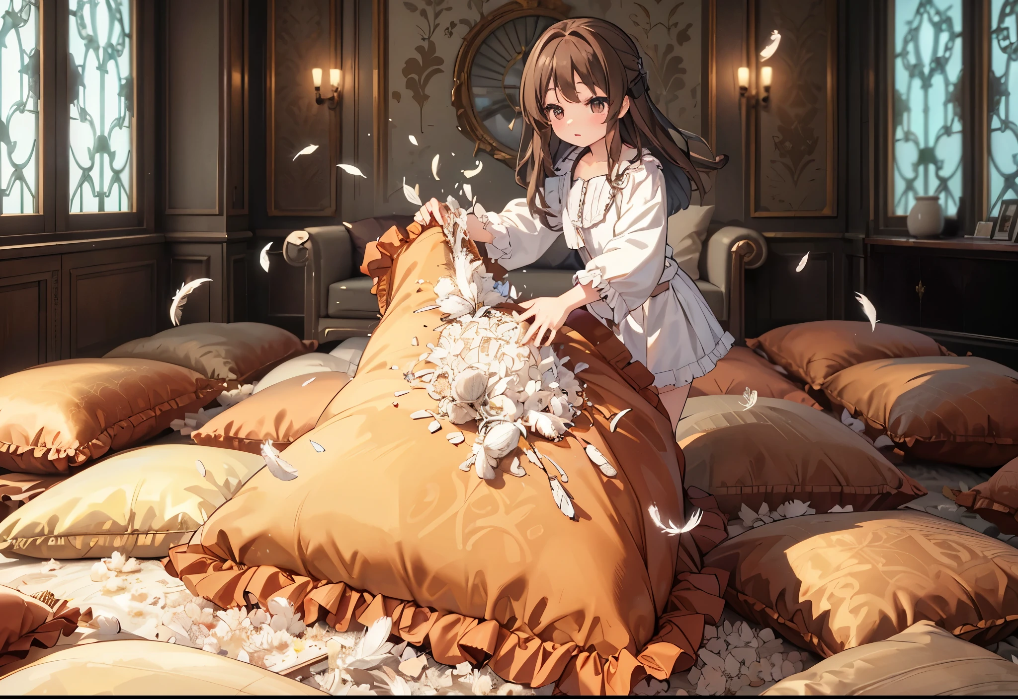 (best quality， masterpiece) , details, (Light and shadow oxtail) , Cute girl posing on pillow ，Pillow, Upholstered，Soft pillow，（Pillow），The love surrounding the protagonist，steam，(Luxury Pillow），（Gorgeous pattern pillow），luxurious pillow, standing,（Love around the protagonist），（pillow）, frilled pillow   , 1 pillow, standing on a top of pillow, on pillow, big pillow, fluffy pillow, pillow damage, stomping pillow, stomping, pillow on floor, stepping on pillow, posing on top pillow, full body, pillow on floor, (((feathers))), pillow destroy, ripping pillow, tearing pillow in half, feathers everywhere, cotton, stuffing pillow, tachibana_arisu_theidolmastercinderellagirlsu149, brown_hair, long_hair, brown_eyes, bow, hair_bow, blue_bow, bangs