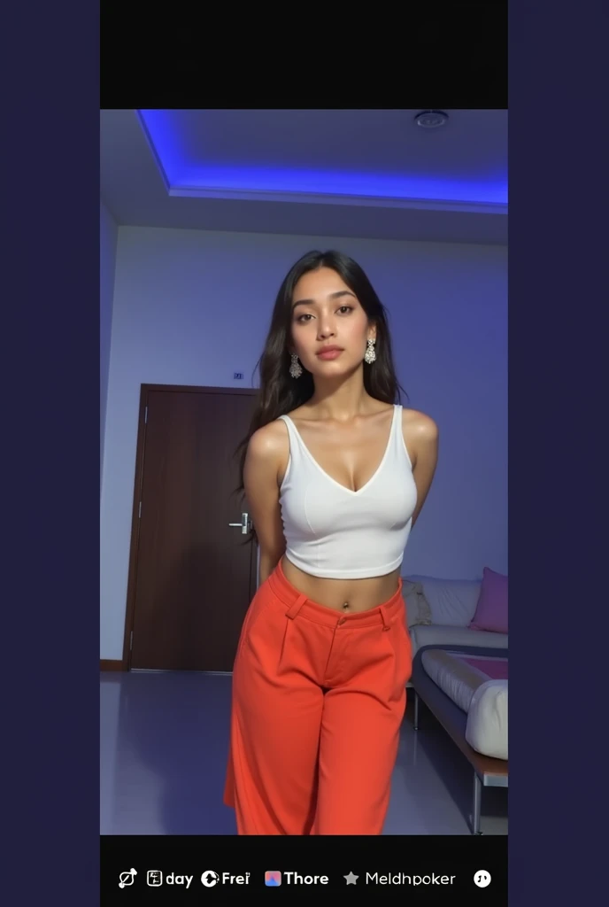 A cute 20 years old indian girl , simple smile without showing teeth , rough dry face skin , , sexy and hot , white shorts , big boobs