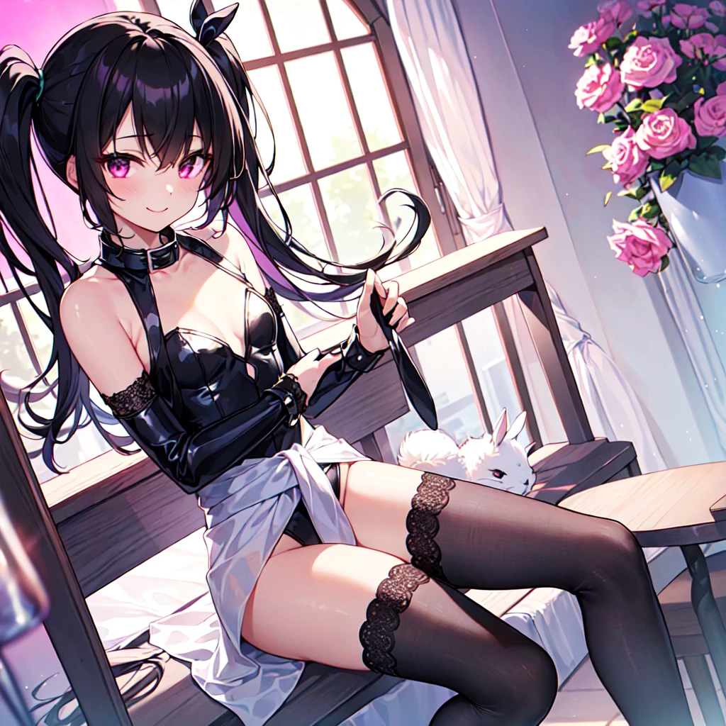 masterpiece, best quality, high quality, extremely detailed, very delicate and beautiful, (1 female 1 alone solo:1.5), (long black hair up to waist with two side up:1.5), bangs to eyebrows, eyes (eye color magenta: 1.3), 6.5 head height, (dynamic pose), the character is wearing an attractive bunny girl costume, the costume features a black leotard, rabbit ear catsuit, white cuffs and collar, and a small tail, knee socks, lace, ruffles, she is posing confidently and smiling slightly provocatively, the scene has a chic and stylish club or lounge-like atmosphere in the background, giving the overall scene a glamorous and sophisticated look.