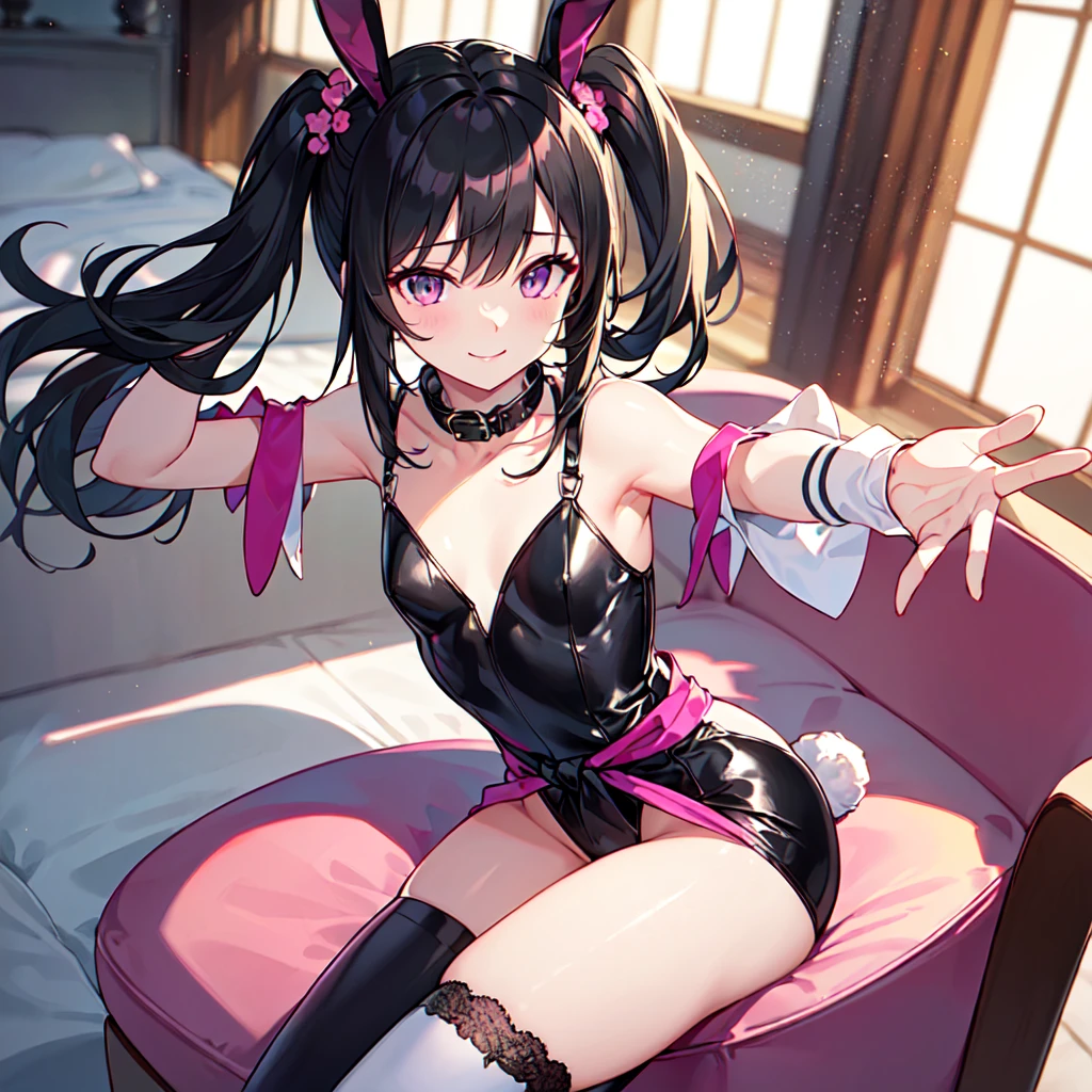 masterpiece, best quality, high quality, extremely detailed, very delicate and beautiful, (1 female 1 alone solo:1.5), (long black hair up to waist with two side up:1.5), bangs to eyebrows, eyes (eye color magenta: 1.3), 6.5 head height, (dynamic pose), the character is wearing an attractive bunny girl costume, the costume features a black leotard, rabbit ear catsuit, white cuffs and collar, and a small tail, knee socks, lace, ruffles, she is posing confidently and smiling slightly provocatively, the scene has a chic and stylish club or lounge-like atmosphere in the background, giving the overall scene a glamorous and sophisticated look.