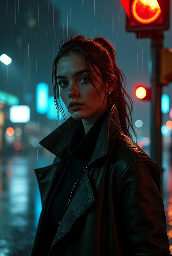 Young woman, with a triangular face, without blurred background, stands against the background of a traffic light, it's night outside, it's raining, light falls on the traffic light