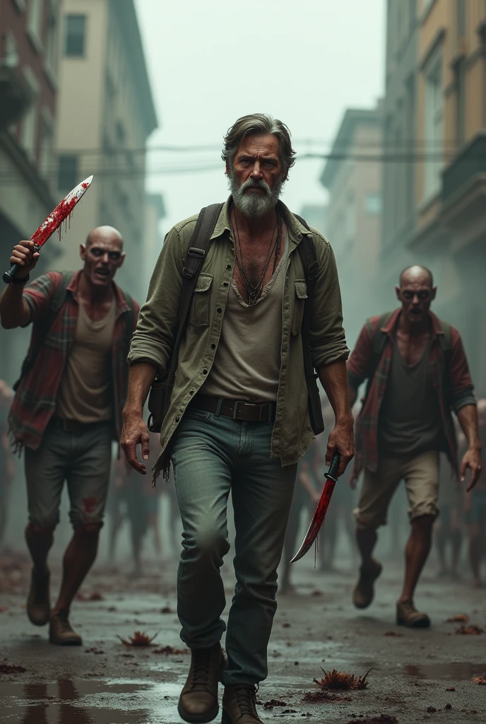 man in zombie apocalypse with several zombies following him 2 with a knife with blood falling