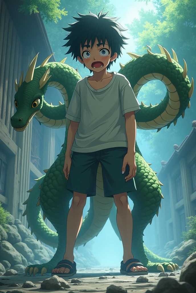 A boy's lower_body is transformed into a dragon(four legs)(Japanese anime style)(scared and crying)(three tails)