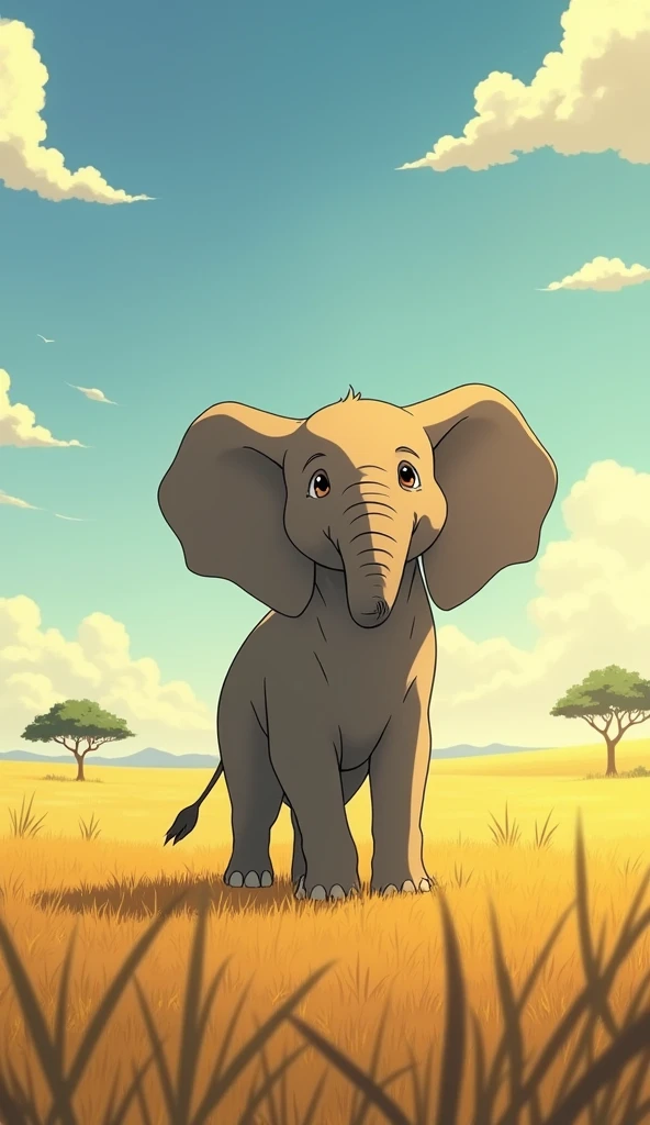 Studio Ghibli Style, Standing in the middle of the vast savanna、A young elephant looks up to the sky with determination,The warm sunlight paints the scene in golden hues.