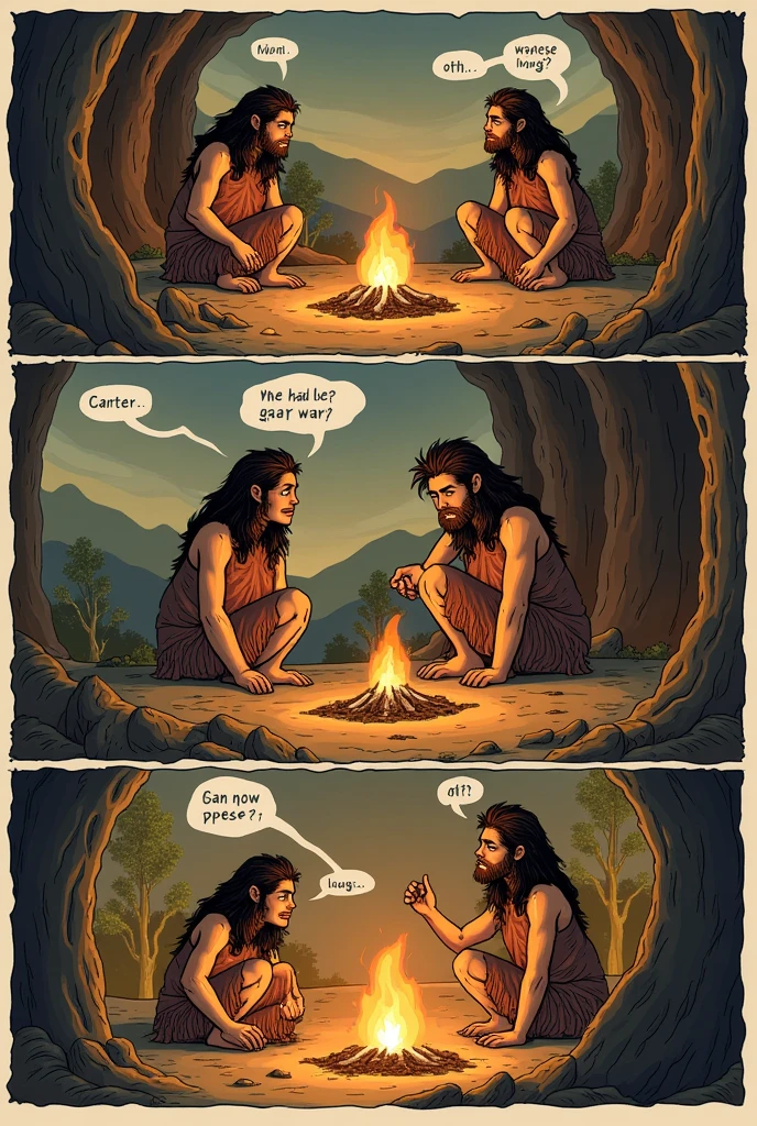 Page 1: Introduction Panel 1:
• Bottom: Draw a prehistoric landscape with a cave in the center, simple trees, and mountains on the horizon. Add a lit fire near the cave.
• Characters: It shows three primitive characters dressed in animal skins., around the fire. Two of them are trying to communicate, but it seems that they do not understand each other.
• Dialogues and Thoughts: Add speech bubbles with sounds like “Ugh!” and “Ah!” and draws expressions of confusion on the characters' faces.
Page 2: Development Panel 2:
• Characters: The protagonist is making elaborate gestures to communicate. The other characters are watching with curiosity.
• Dialogues and Thoughts: Includes speech bubbles with exclamations of surprise such as “Look!!” or “What does it do??”.
Panel 3:
• Action: The protagonist is using a stone to draw a simple figure, like a sun or an animal, on the cave wall.
• Dialogues and Thoughts: Add a thought bubble from the protagonist with something like “This will help you understand me better.”!” Page 3: Panel 4 Resolution:
• Characters: Characters are now using gestures and symbols to communicate more effectively.. Show a satisfied expression on their faces.
• Dialogues and Thoughts: Use speech bubbles to show that you are happy to understand each other., like “We get it”!” or “It works!”
Panel 5:
• Final Scene: Los personajes están celebrando su éxito en la comunicación around the fire, maybe sharing food or telling stories.
• Dialogues and Thoughts: Includes a final text that summarizes the main idea, like “And so, Little by little, Early humans learned to use symbols and sounds to communicate better.” Make it in a comic with more image boxes And make the word bubbles only have words like ugh and ah