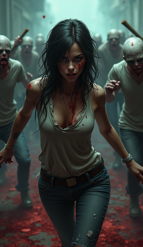The cover image shows a woman fighting a horde of zombies fiercely, blood-splattered, with a baseball bat. She is wearing tattered clothes, her gaze fixed on a zombie in front of her. The scene is dark and atmospheric, with a realistic and fierce style.