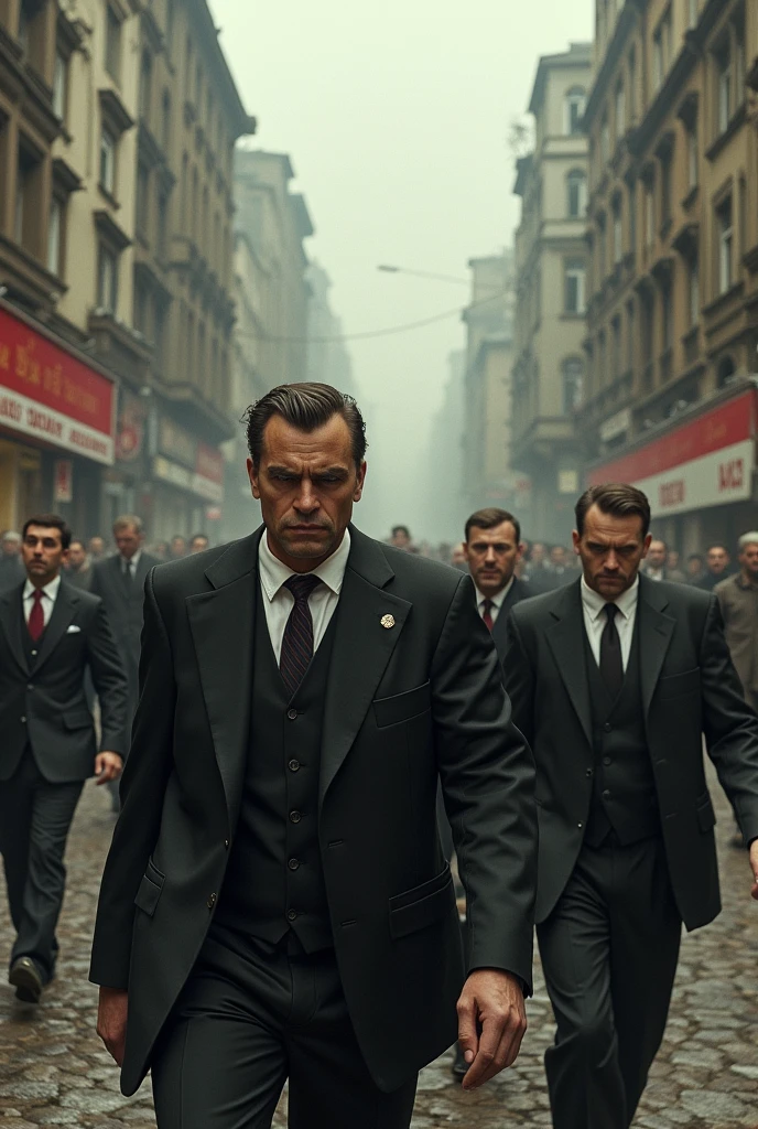 A chaotic street scene in early 1990s Russia. Buildings are crumbling, and people rush through the streets with a sense of urgency. In the foreground, a group of well-dressed men in suits, clearly mafia members, conduct a hostile takeover of a local business under duress. The scene conveys the chaos and power vacuum after the Soviet Union's collapse.