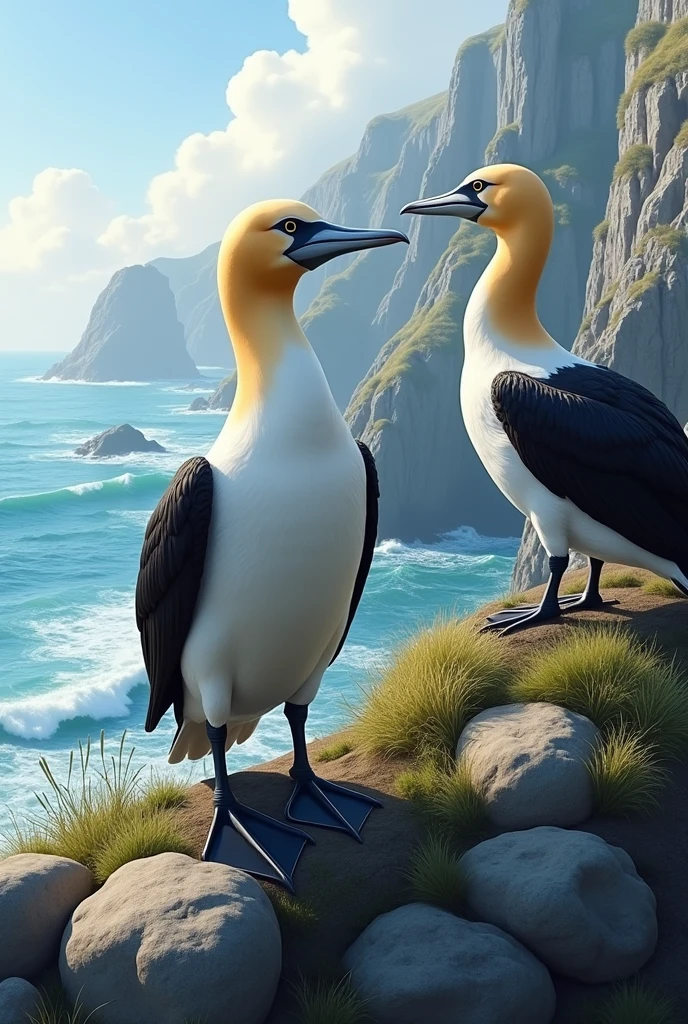 2 male gannets standing on a cliff