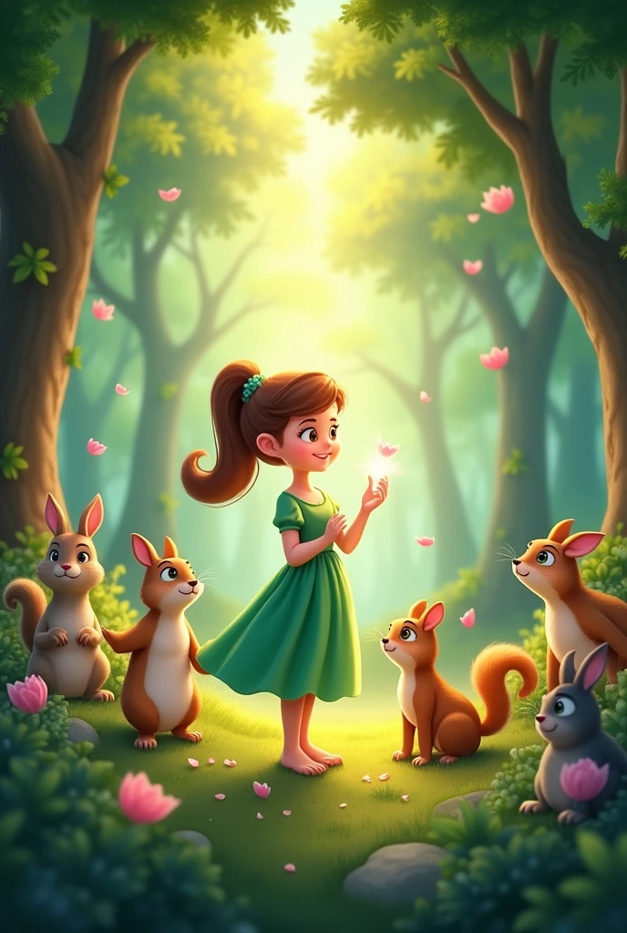 / imagine Elara making her wish, with the forest and its creatures bathed in a gentle, protective light..", -- ar"19.:6
cartoon character with green dress