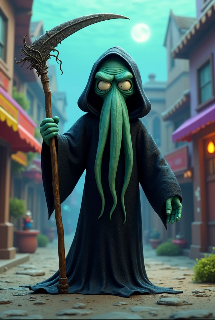 Squidward in Bikini Bottom wearing a death costume with a scythe in his hand