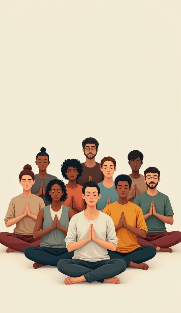 "Ten people of diverse backgrounds sitting in seiza position, facing forward, hands clasped together
