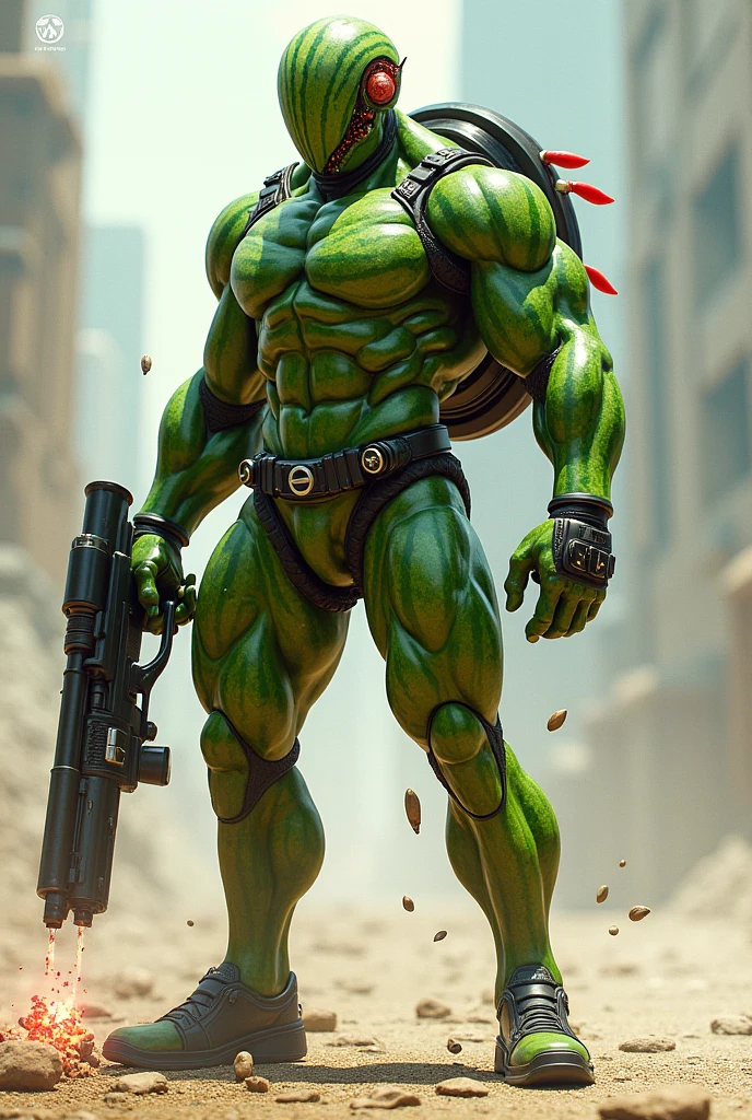 Muscular watermelon man with a gun that shoots seeds attached to a hose, half of his head is a robot, his right hand is a robot, and he has a jetpack