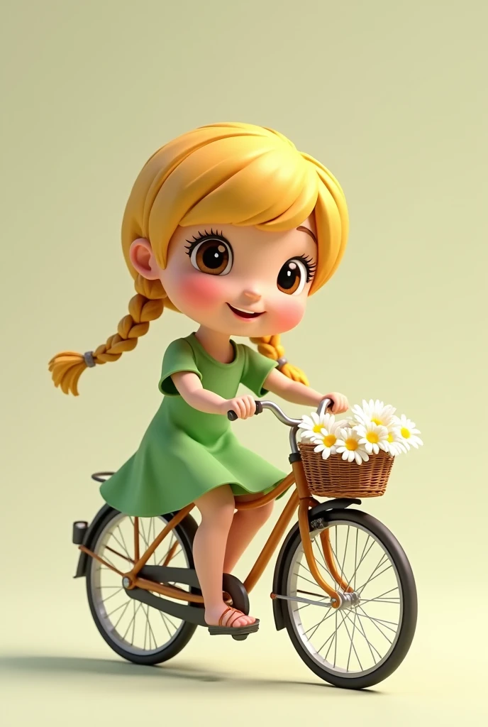 Cute with blonde braids, wearing a short green dress, riding a bicicletta with il cestino pieno di margherite bianche, 3D Rendering, solid color background, specific, chibi anime, surrealism, cartoon style, full-body shot, super detail, anatomically correct, masterpiece, precise