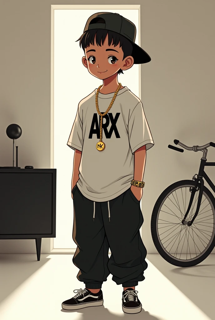 
 
goku niño, hip hop style cap on head, standing in a room with white walls with black furniture and bright lights, slave chain with the initial Arx in gold, White loose t-shirt with a print in the center with ARX written in black, long black pants and Nike Vans-type sneakers,  interior, soft light, relaxed pose, in the background a Baker bicycle, realist, warm colors, by Greg Rutkowski, by Alphonse Mucha
