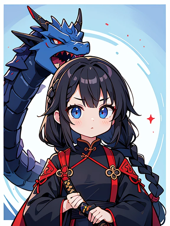 Highest quality、Ultra-high resolution、Highly detailed face、Eye highlights、Girl with black braided hair、China dress、Holding a blue dragon sword