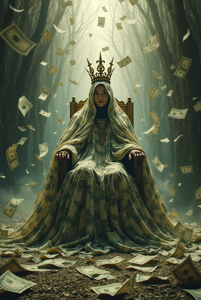 Image of a world wrapped in dollars $100 and with a king's crown on top, with steel chains wrapping around and money falling