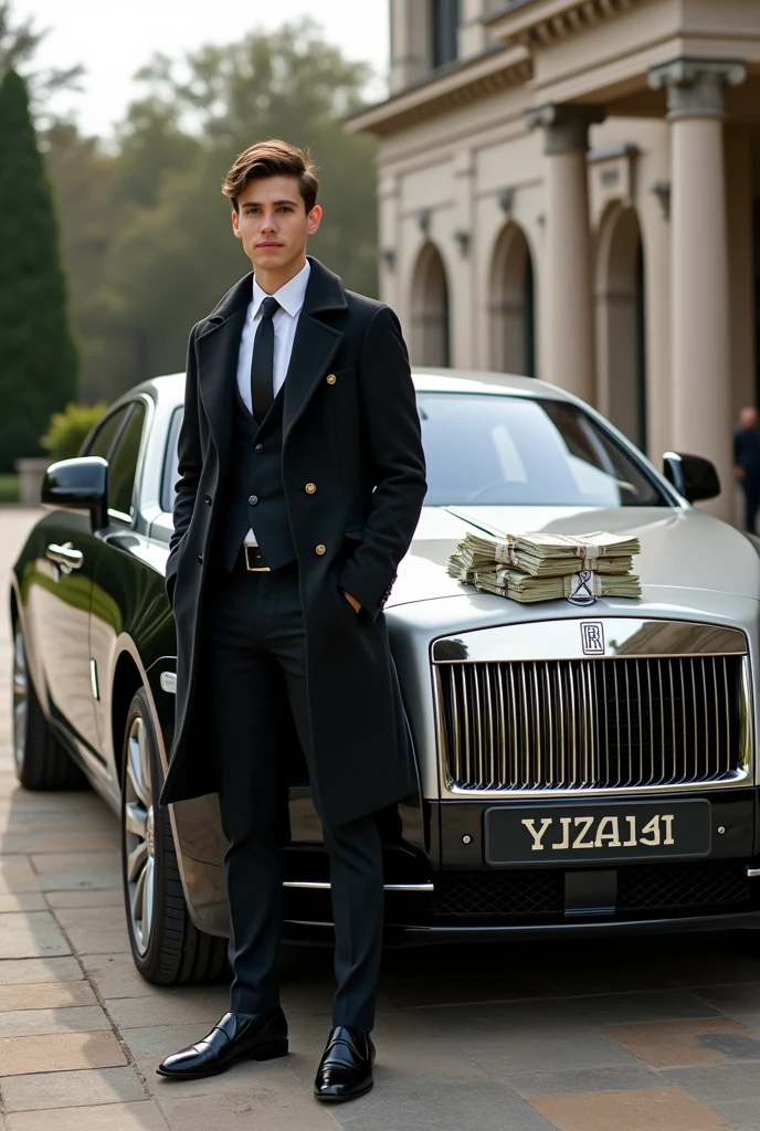 A 25 year old man with coat suit and standing aside on new rolls royce ghost and a lot of money on the car hood and the background in a big house , picture took from 50 mitre away