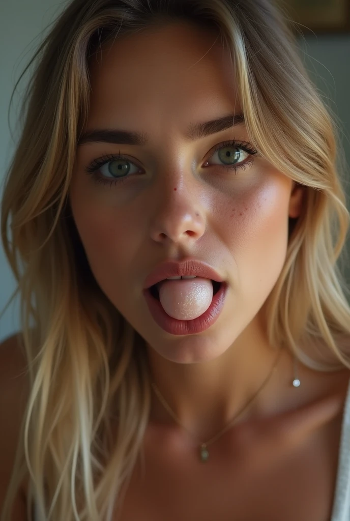 Create an image of a 22 year old girl sucking a penis